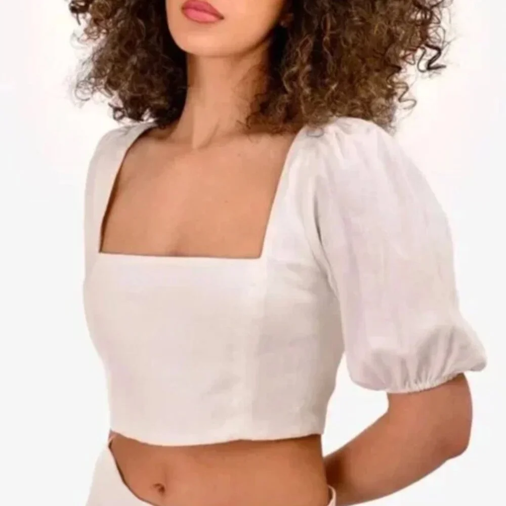 Reformation White Puff-Sleeve Cropped Blouse